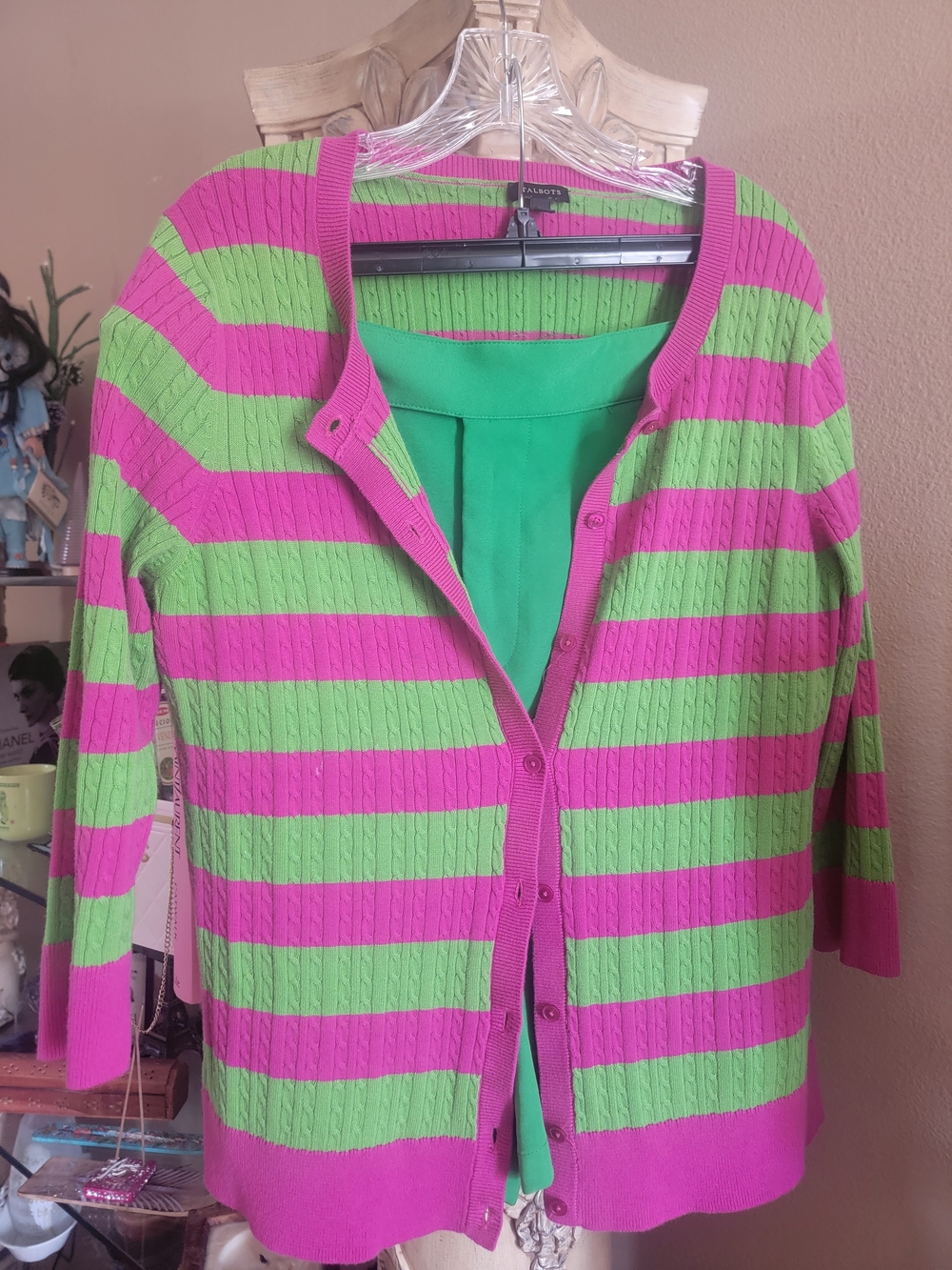 Talbot's Women’s Striped Pink and Green Button-Front Sweater Cardigan